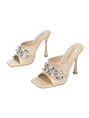 Cape Robbin Disteny Cream Satin Silver Chain Square Open Toe Stiletto Mules